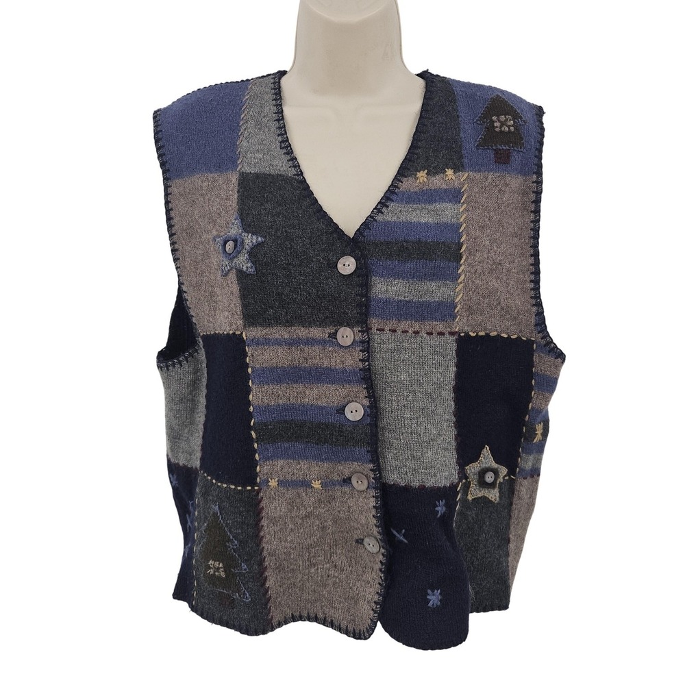 VTG Woolrich Sweater Vest Women L Navy Wool Patchwork 90s Cabincore Grandmacore - Picture 2 of 13